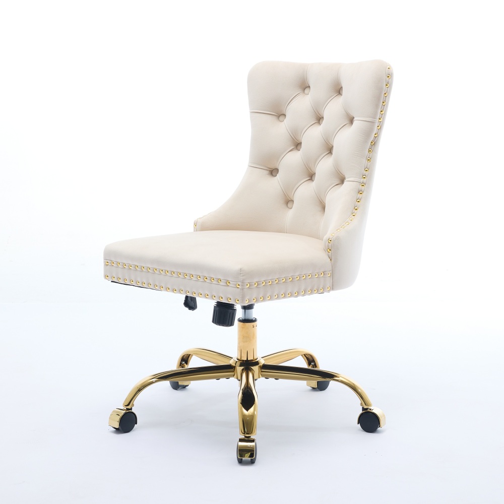 A&A Furniture Office Chair,Modern Velvet Upholstered Tufted Button Home Office Chair with Golden Metal Base,Adjustable Desk Chair Swivel Office Chair (Beige)?