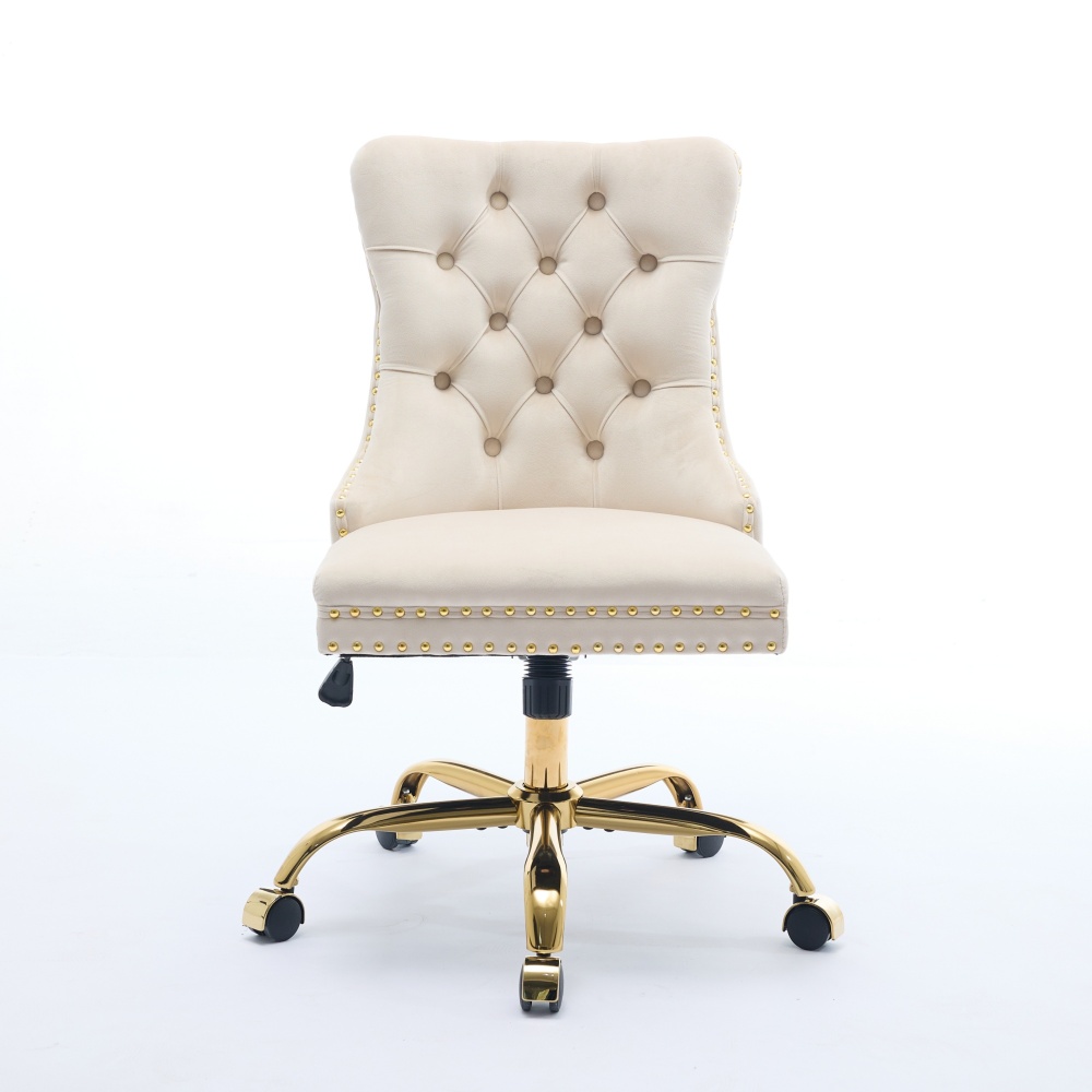 A&A Furniture Office Chair,Modern Velvet Upholstered Tufted Button Home Office Chair with Golden Metal Base,Adjustable Desk Chair Swivel Office Chair (Beige)?