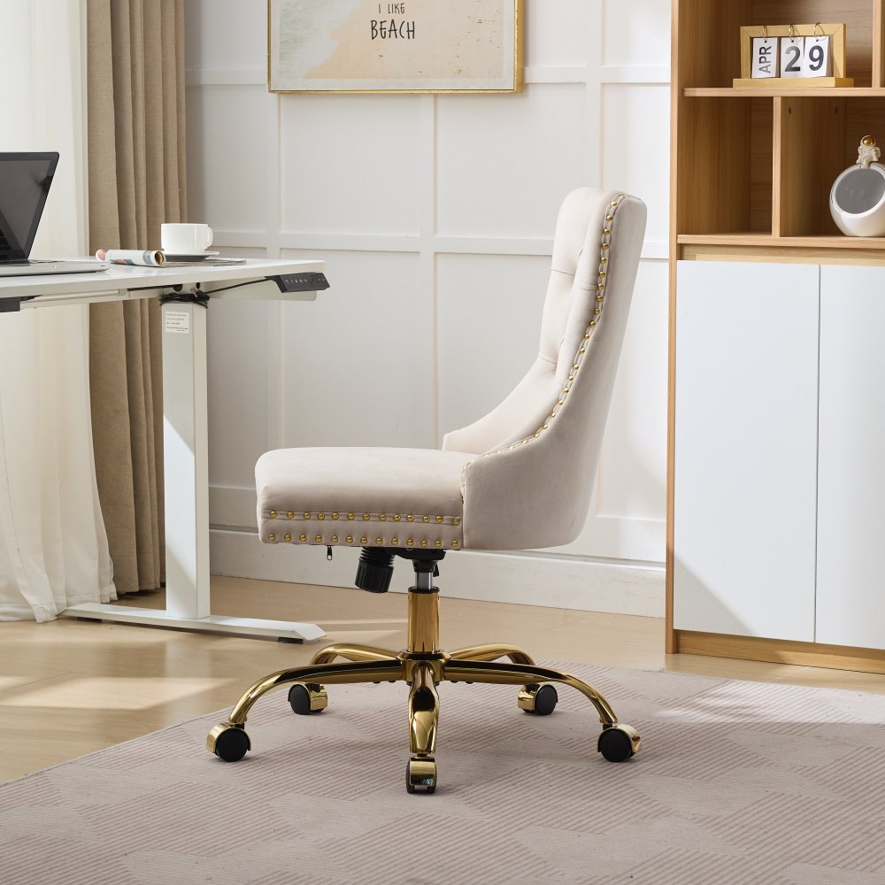 A&A Furniture Office Chair,Modern Velvet Upholstered Tufted Button Home Office Chair with Golden Metal Base,Adjustable Desk Chair Swivel Office Chair (Beige)