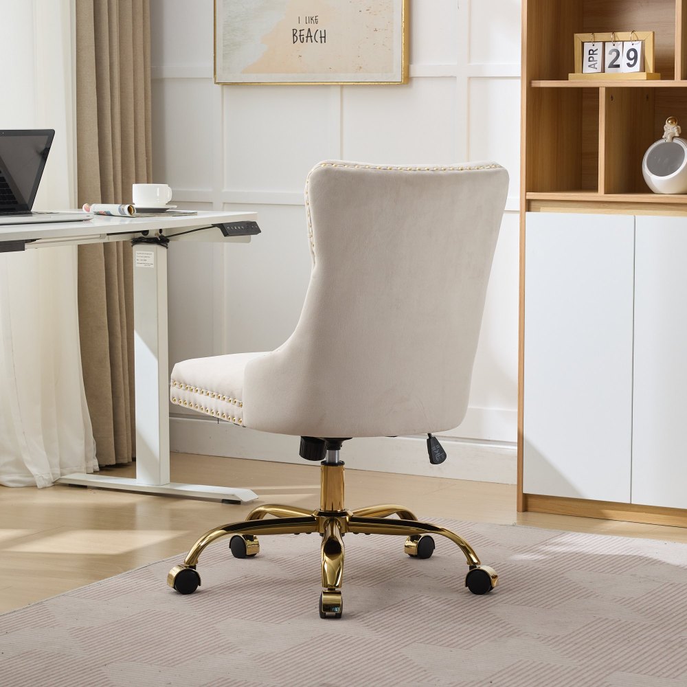 A&A Furniture Office Chair,Modern Velvet Upholstered Tufted Button Home Office Chair with Golden Metal Base,Adjustable Desk Chair Swivel Office Chair (Beige)