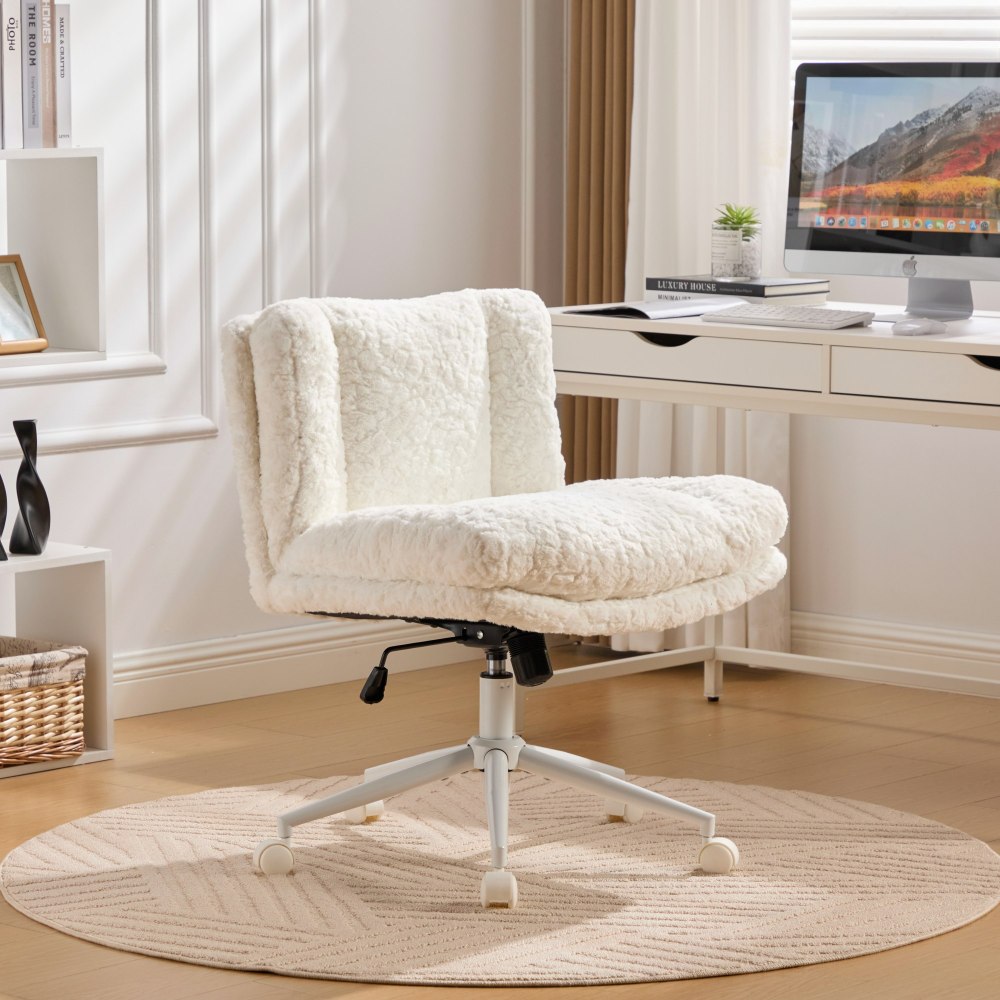 A&A Furniture Office Chair,Artificial rabbit hair Home Office Chair with Golden Metal Base,Adjustable Desk Chair Swivel Office Chair,Vanity Chair(Beige)