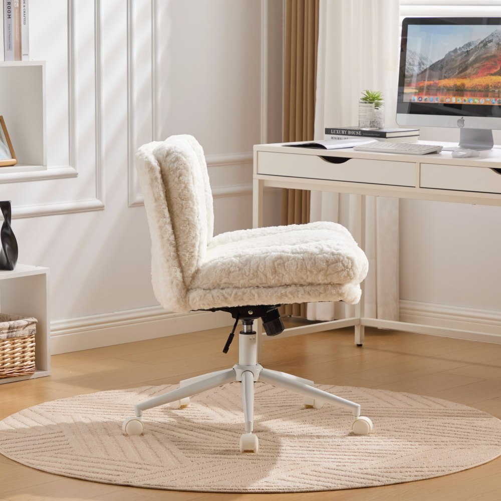 A&A Furniture Office Chair,Artificial rabbit hair Home Office Chair with Golden Metal Base,Adjustable Desk Chair Swivel Office Chair,Vanity Chair(Beige)