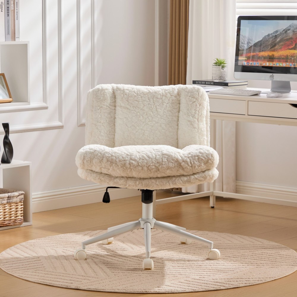 A&A Furniture Office Chair,Artificial rabbit hair Home Office Chair with Golden Metal Base,Adjustable Desk Chair Swivel Office Chair,Vanity Chair(Beige)