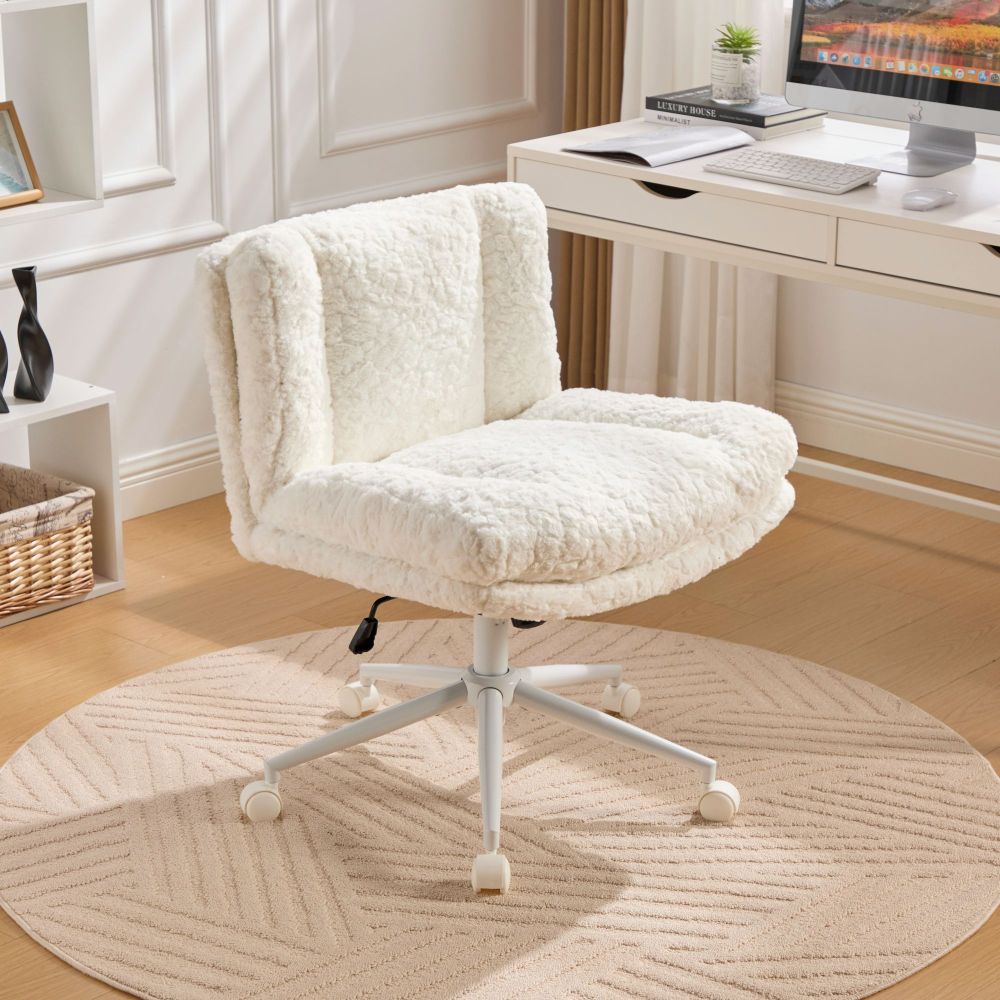 A&A Furniture Office Chair,Artificial rabbit hair Home Office Chair with Golden Metal Base,Adjustable Desk Chair Swivel Office Chair,Vanity Chair(Beige)