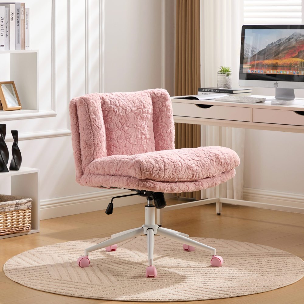 A&A Furniture Office Chair,Artificial rabbit hair Home Office Chair with Golden Metal Base,Adjustable Desk Chair Swivel Office Chair,Vanity Chair(Beige)