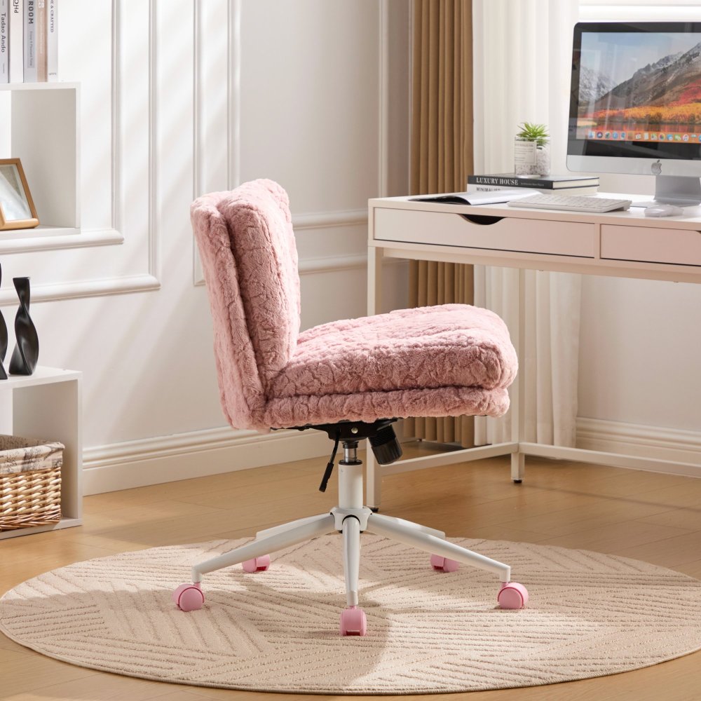 A&A Furniture Office Chair,Artificial rabbit hair Home Office Chair with Golden Metal Base,Adjustable Desk Chair Swivel Office Chair,Vanity Chair(Beige)