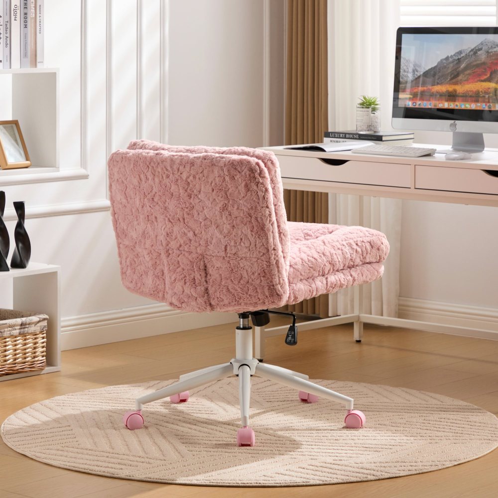A&A Furniture Office Chair,Artificial rabbit hair Home Office Chair with Golden Metal Base,Adjustable Desk Chair Swivel Office Chair,Vanity Chair(Beige)