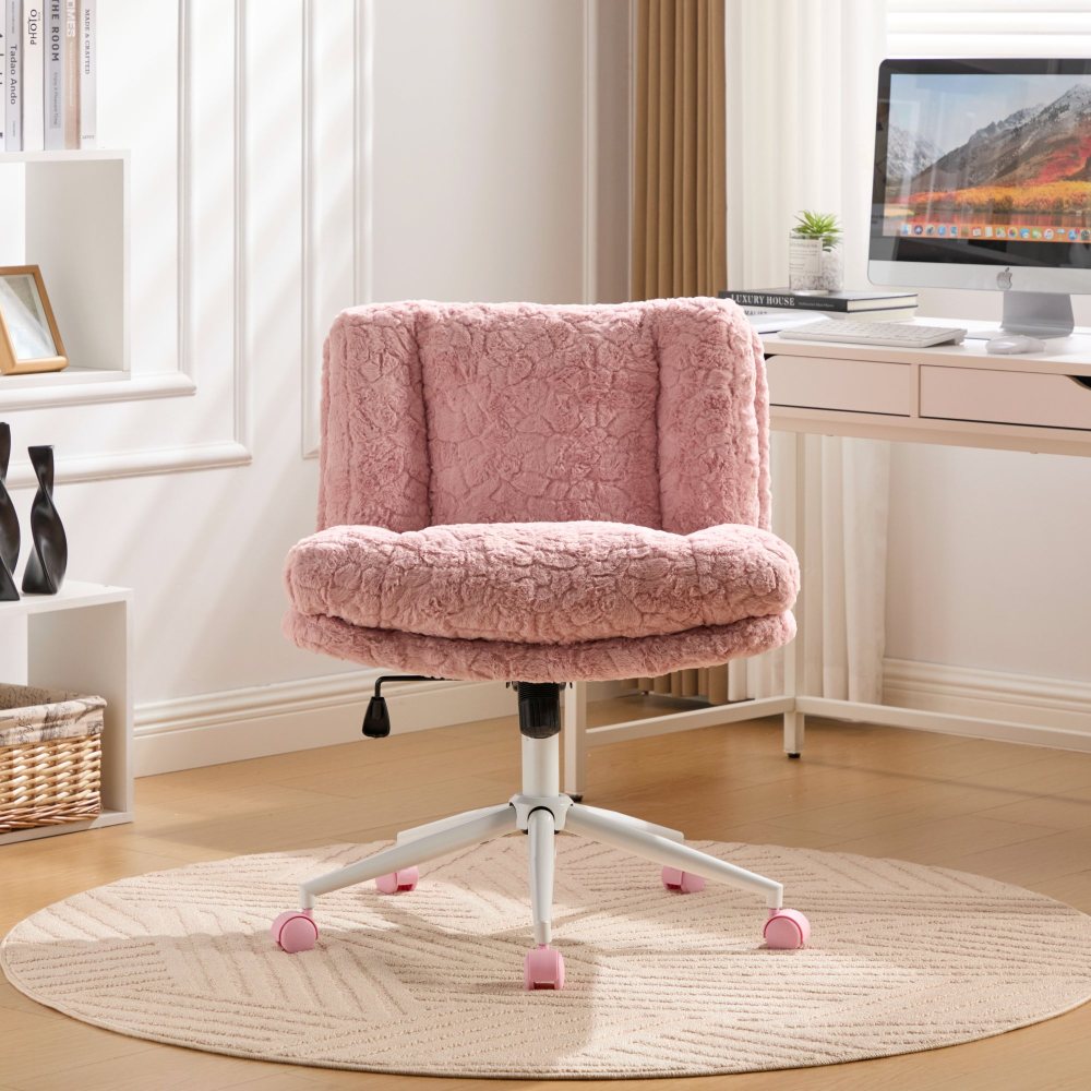A&A Furniture Office Chair,Artificial rabbit hair Home Office Chair with Golden Metal Base,Adjustable Desk Chair Swivel Office Chair,Vanity Chair(Beige)