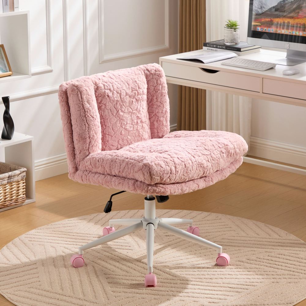 A&A Furniture Office Chair,Artificial rabbit hair Home Office Chair with Golden Metal Base,Adjustable Desk Chair Swivel Office Chair,Vanity Chair(Beige)