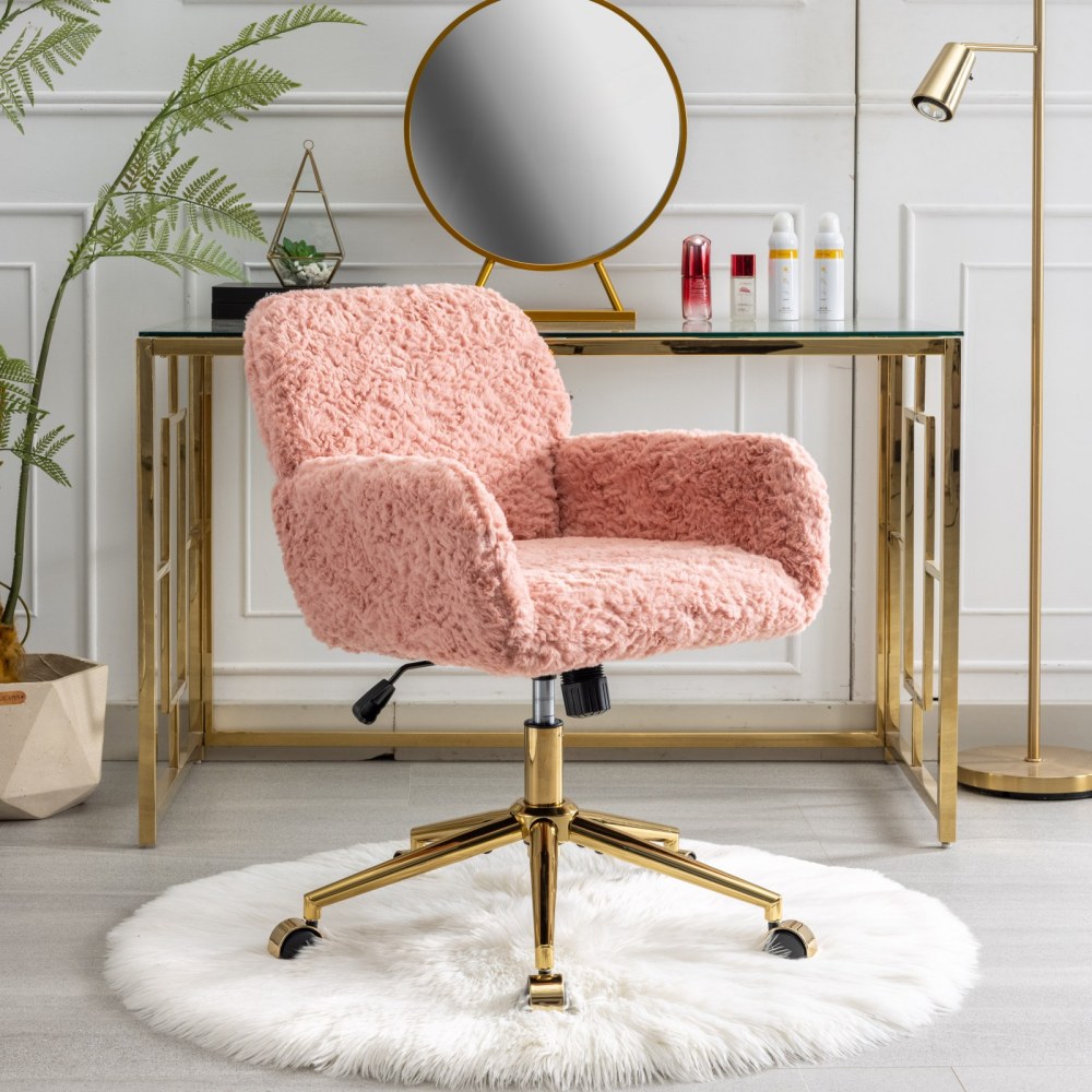 A&A Furniture Office Chair,Artificial rabbit hair Home Office Chair with Golden Metal Base,Adjustable Desk Chair Swivel Office Chair,Vanity Chair(Beige)
