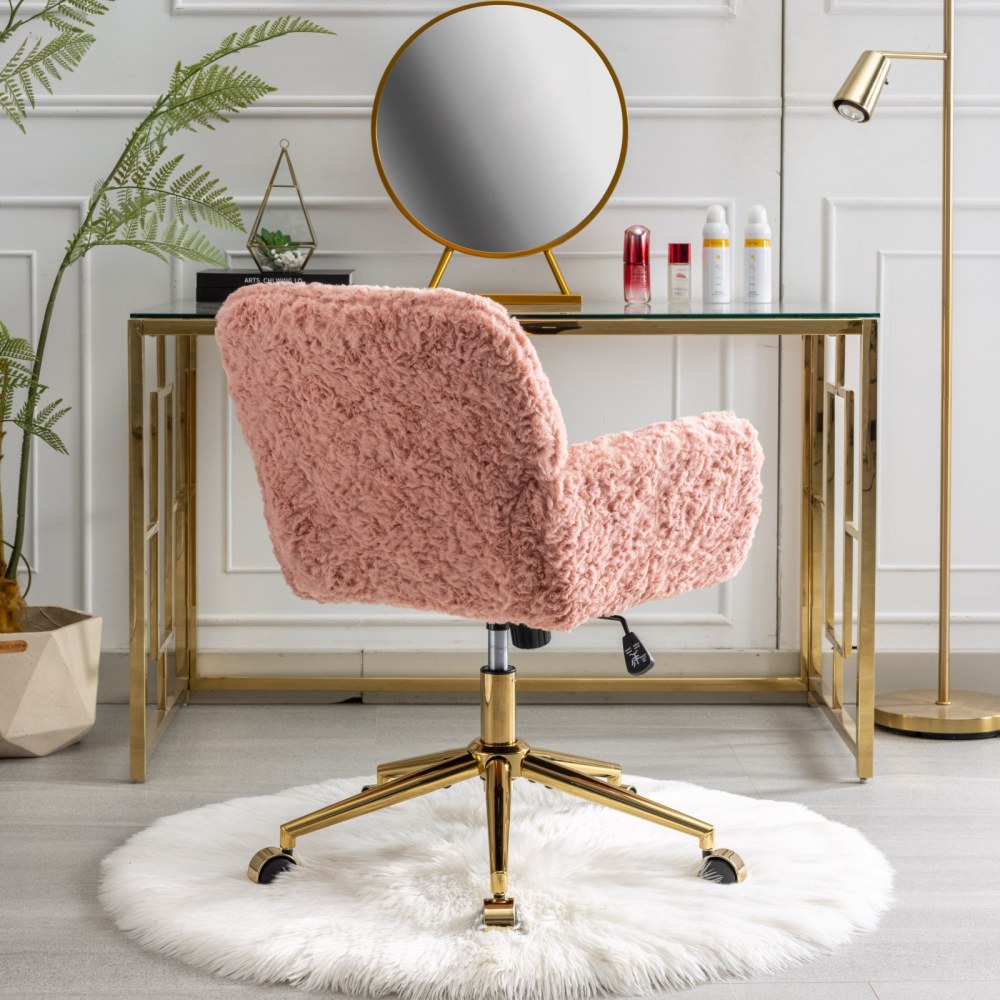 A&A Furniture Office Chair,Artificial rabbit hair Home Office Chair with Golden Metal Base,Adjustable Desk Chair Swivel Office Chair,Vanity Chair(Beige)
