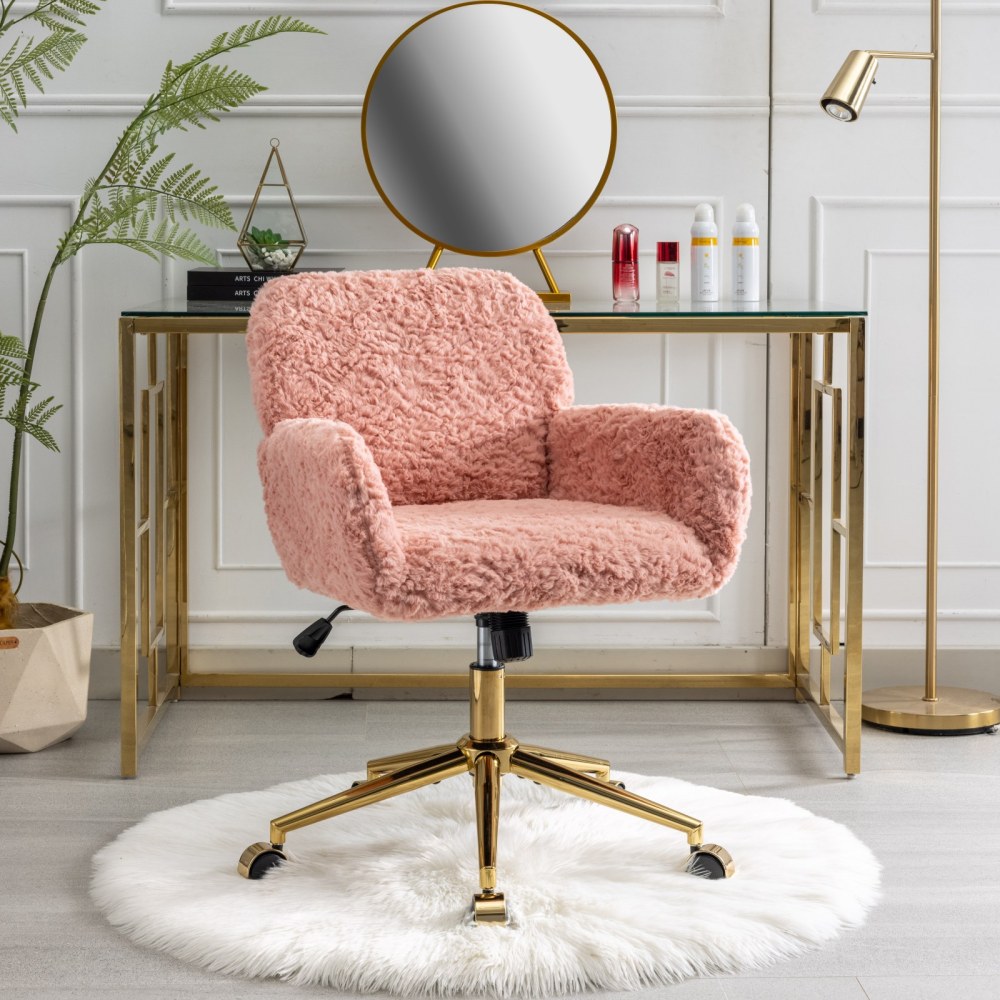A&A Furniture Office Chair,Artificial rabbit hair Home Office Chair with Golden Metal Base,Adjustable Desk Chair Swivel Office Chair,Vanity Chair(Beige)