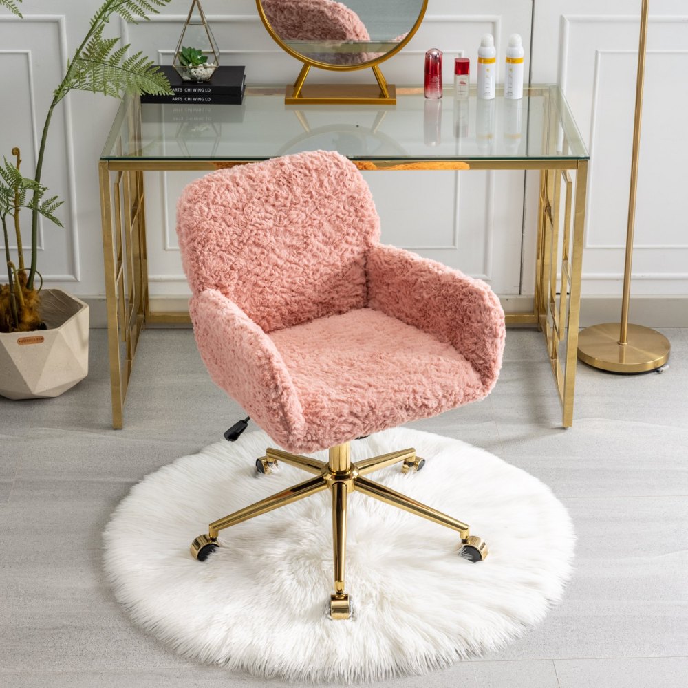 A&A Furniture Office Chair,Artificial rabbit hair Home Office Chair with Golden Metal Base,Adjustable Desk Chair Swivel Office Chair,Vanity Chair(Beige)