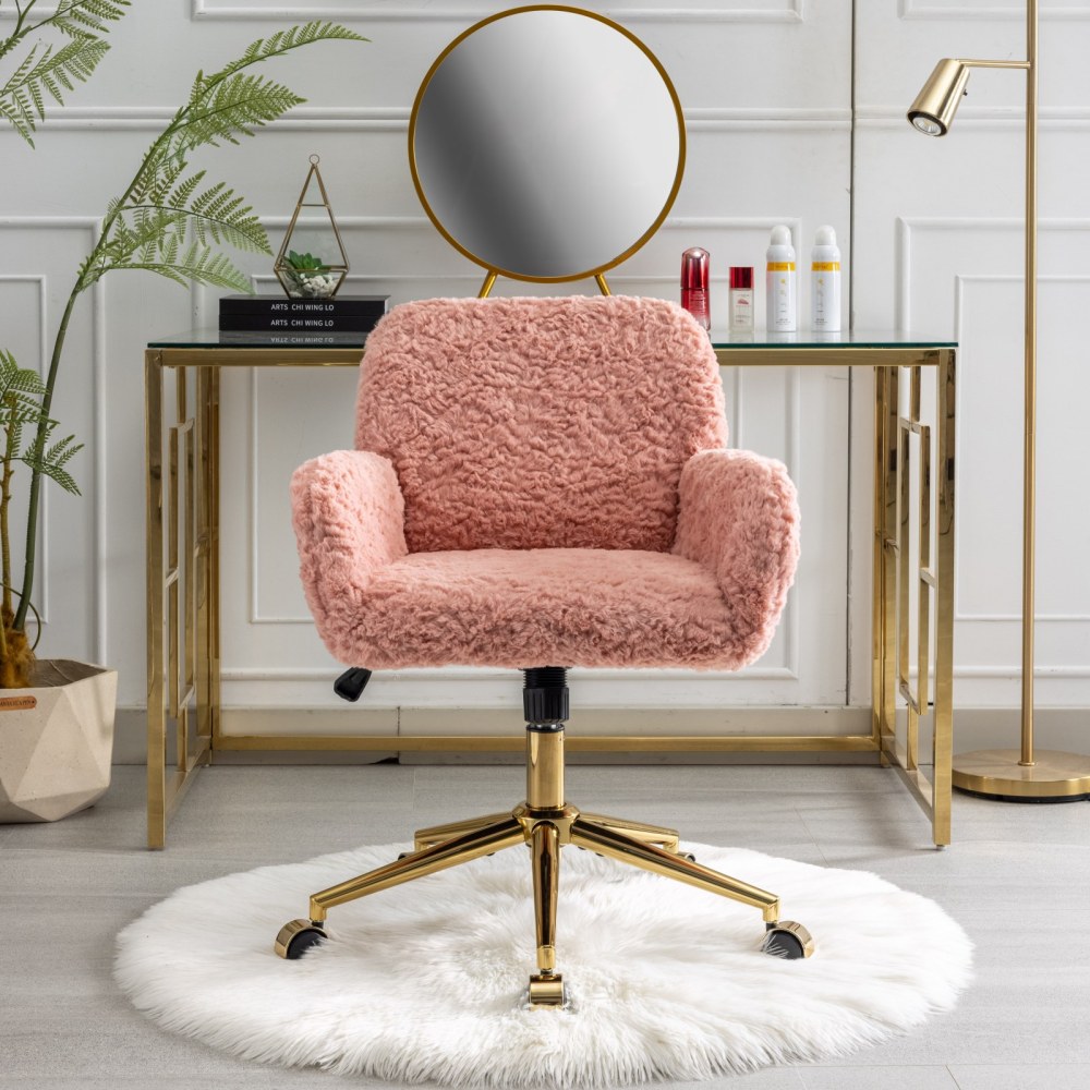 A&A Furniture Office Chair,Artificial rabbit hair Home Office Chair with Golden Metal Base,Adjustable Desk Chair Swivel Office Chair,Vanity Chair(Beige)