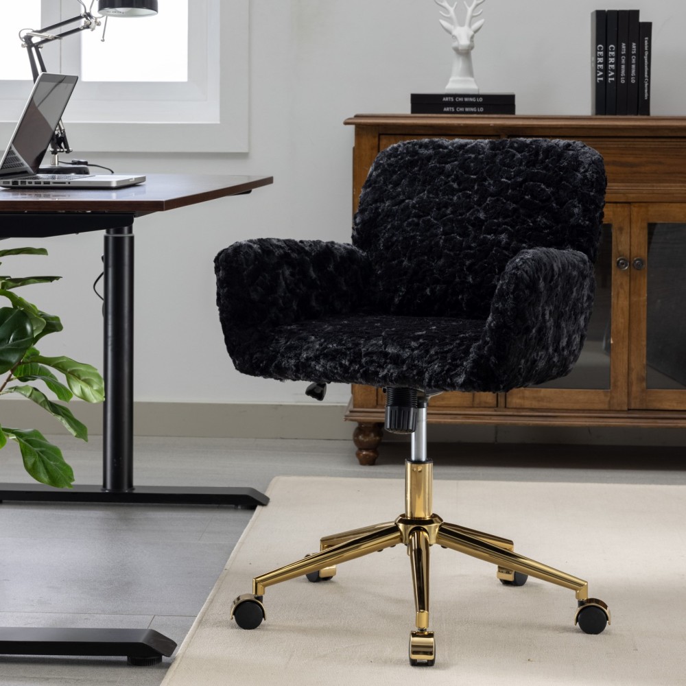 A&A Furniture Office Chair,Artificial rabbit hair Home Office Chair with Golden Metal Base,Adjustable Desk Chair Swivel Office Chair,Vanity Chair(Beige)