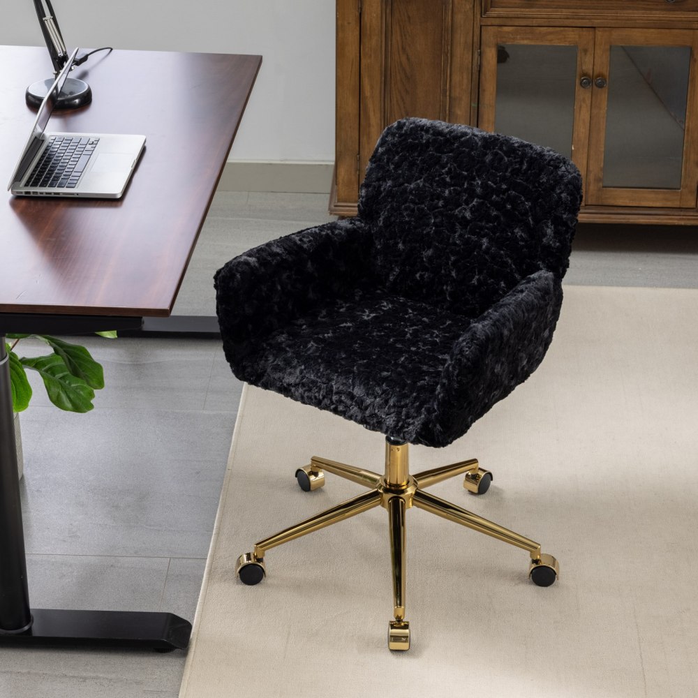 A&A Furniture Office Chair,Artificial rabbit hair Home Office Chair with Golden Metal Base,Adjustable Desk Chair Swivel Office Chair,Vanity Chair(Beige)