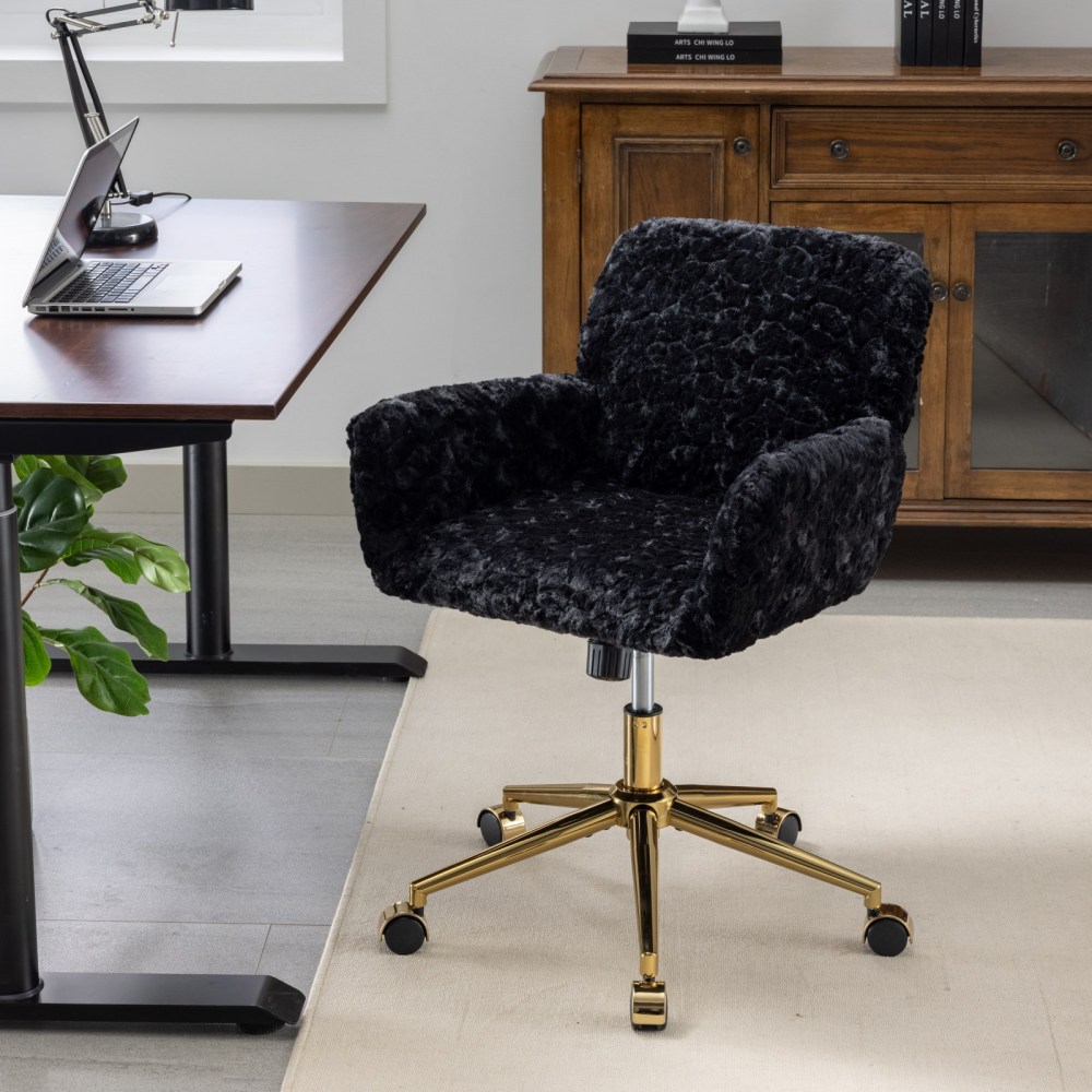 A&A Furniture Office Chair,Artificial rabbit hair Home Office Chair with Golden Metal Base,Adjustable Desk Chair Swivel Office Chair,Vanity Chair(Beige)