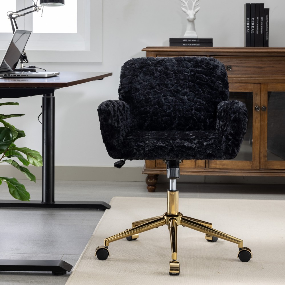 A&A Furniture Office Chair,Artificial rabbit hair Home Office Chair with Golden Metal Base,Adjustable Desk Chair Swivel Office Chair,Vanity Chair(Beige)