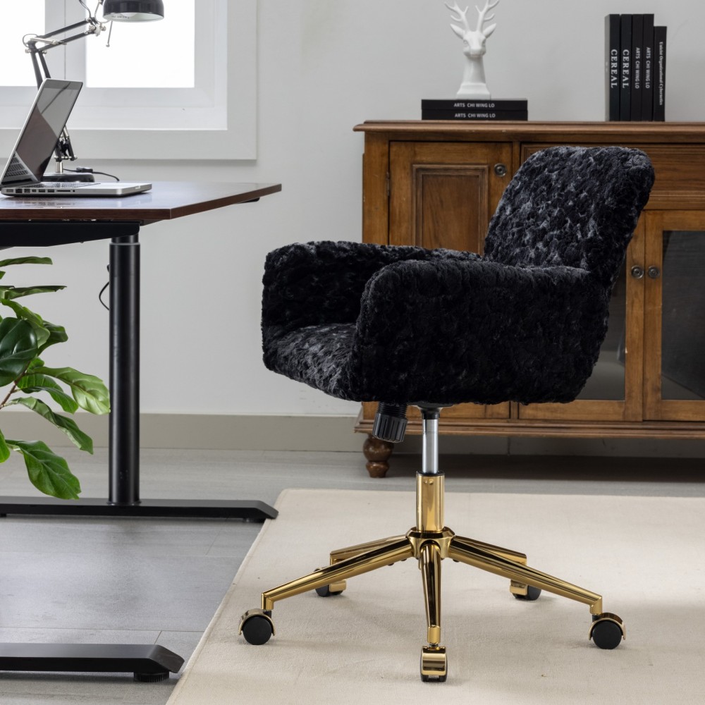 A&A Furniture Office Chair,Artificial rabbit hair Home Office Chair with Golden Metal Base,Adjustable Desk Chair Swivel Office Chair,Vanity Chair(Beige)
