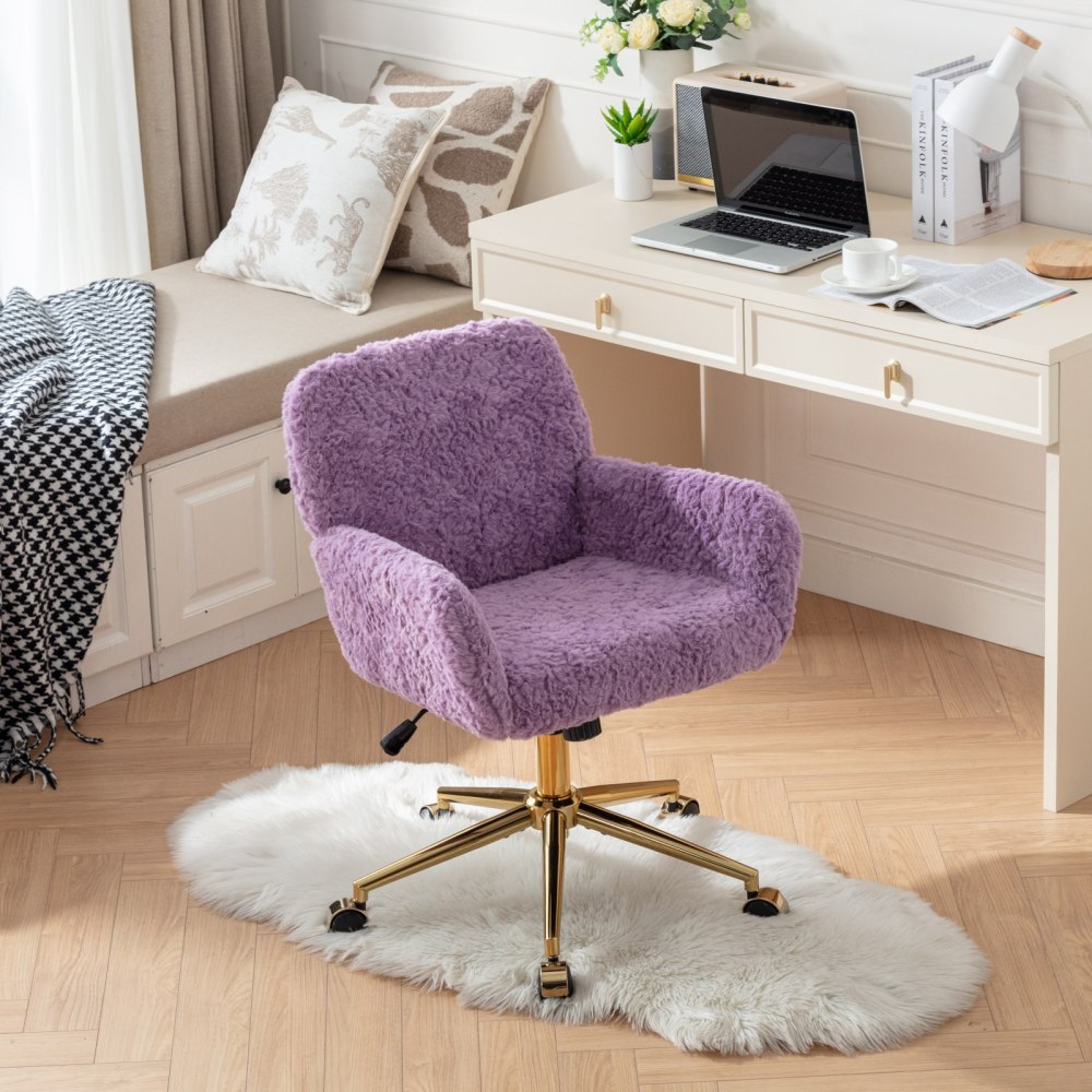 A&A Furniture Office Chair,Artificial rabbit hair Home Office Chair with Golden Metal Base,Adjustable Desk Chair Swivel Office Chair,Vanity Chair(Beige)