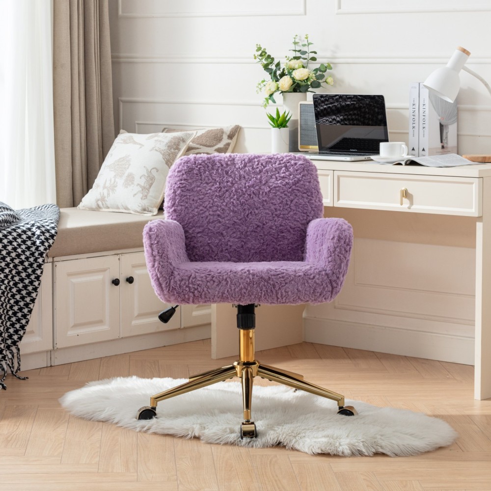 A&A Furniture Office Chair,Artificial rabbit hair Home Office Chair with Golden Metal Base,Adjustable Desk Chair Swivel Office Chair,Vanity Chair(Beige)