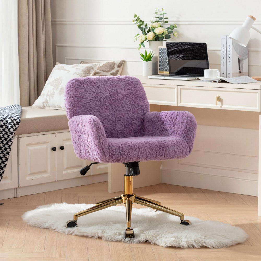 A&A Furniture Office Chair,Artificial rabbit hair Home Office Chair with Golden Metal Base,Adjustable Desk Chair Swivel Office Chair,Vanity Chair(Beige)