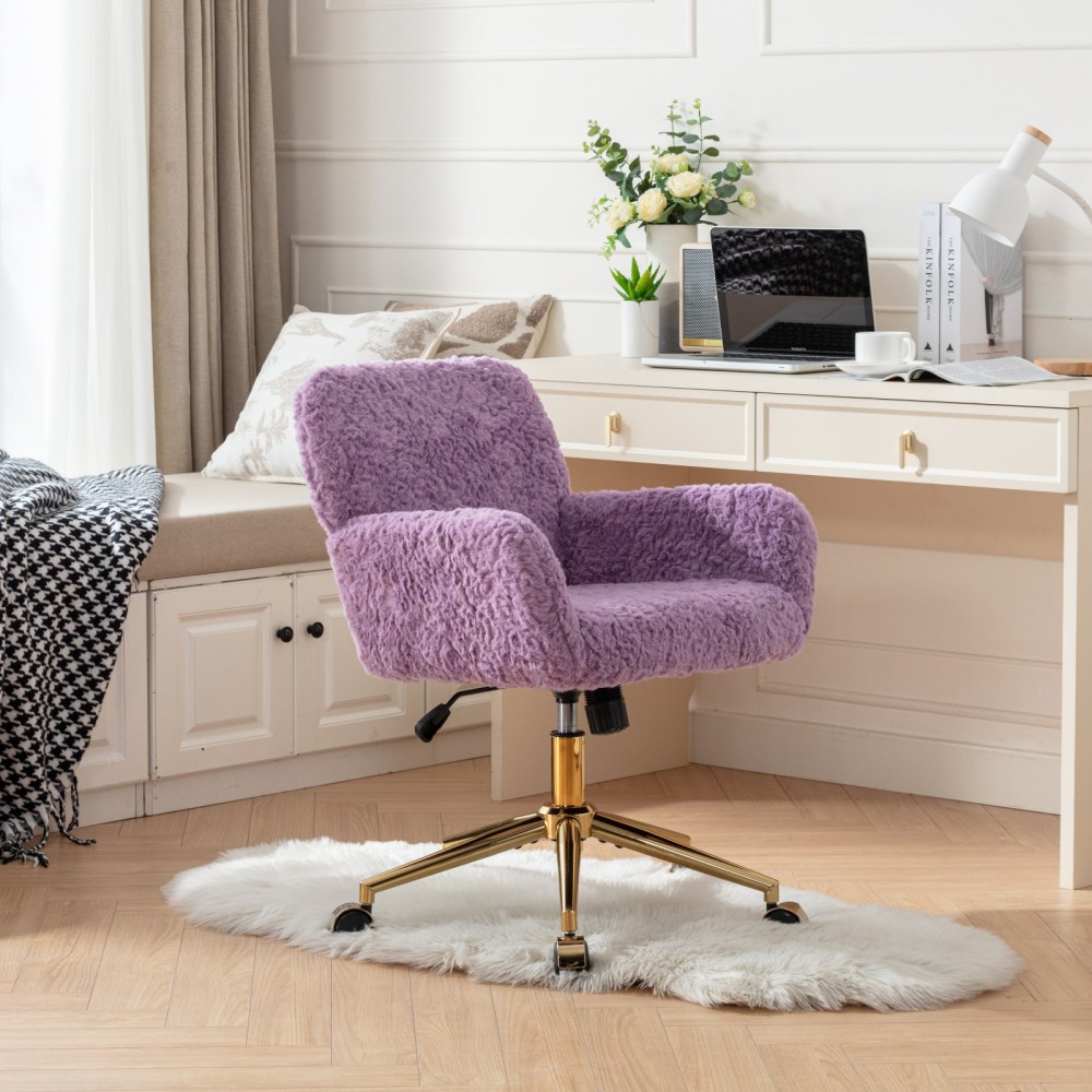 A&A Furniture Office Chair,Artificial rabbit hair Home Office Chair with Golden Metal Base,Adjustable Desk Chair Swivel Office Chair,Vanity Chair(Beige)