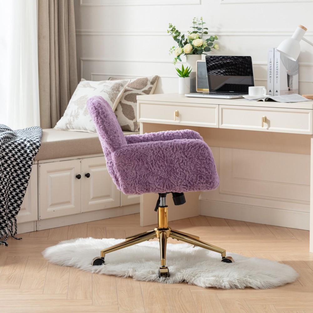 A&A Furniture Office Chair,Artificial rabbit hair Home Office Chair with Golden Metal Base,Adjustable Desk Chair Swivel Office Chair,Vanity Chair(Beige)