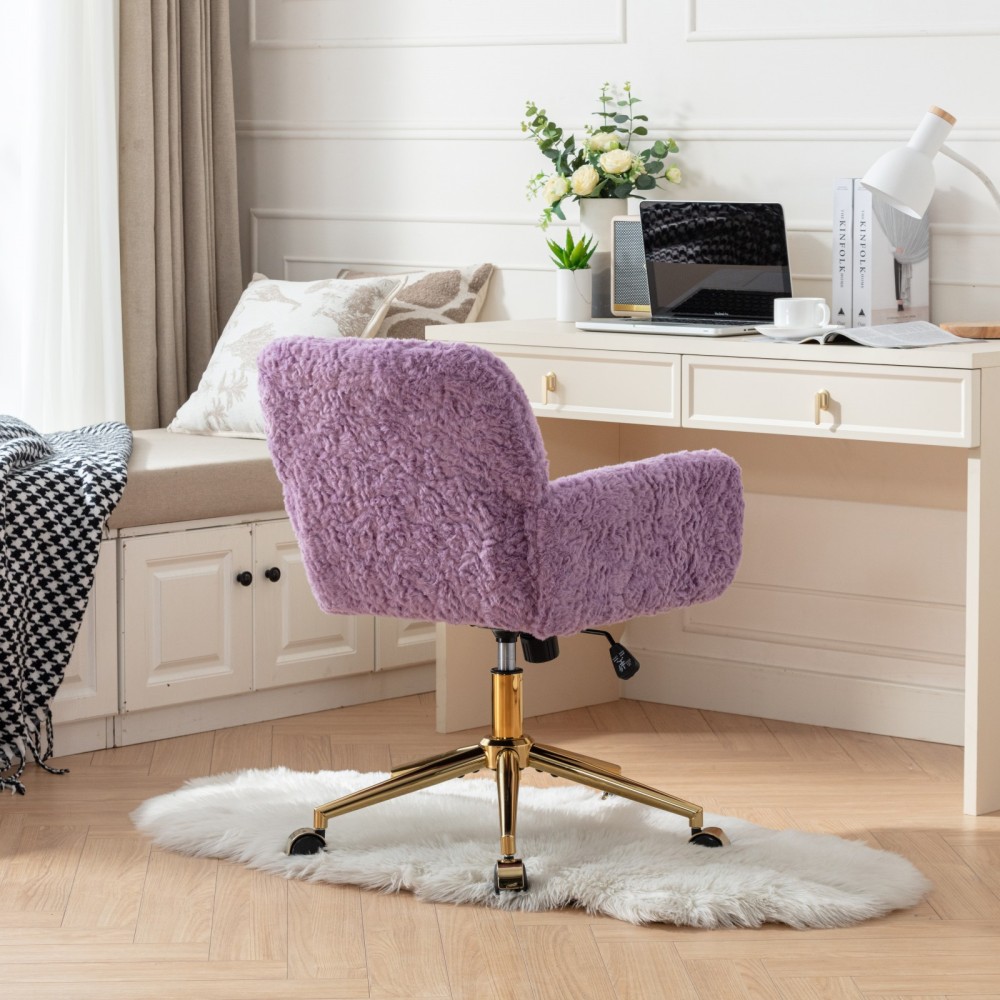 A&A Furniture Office Chair,Artificial rabbit hair Home Office Chair with Golden Metal Base,Adjustable Desk Chair Swivel Office Chair,Vanity Chair(Beige)