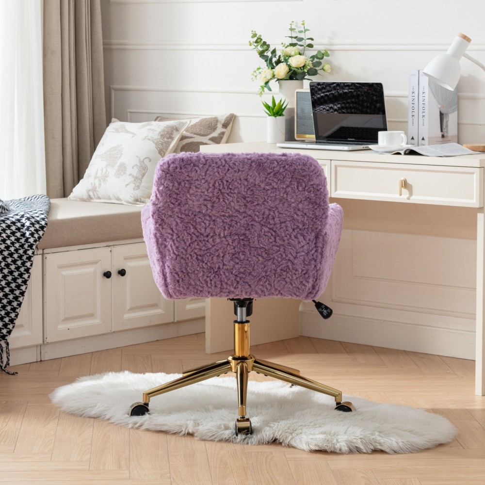 A&A Furniture Office Chair,Artificial rabbit hair Home Office Chair with Golden Metal Base,Adjustable Desk Chair Swivel Office Chair,Vanity Chair(Beige)