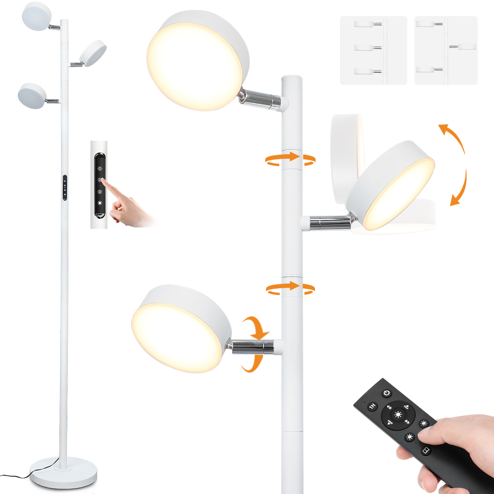 LED Tree Floor Lamp with Remote & Touch Control, 3 Heads Adjustable Dimmable Modern Floor Lamps with Timer, 4 Color Temperatures, Tall Standing Lamp for Living Room, Bedroom, Office, Black