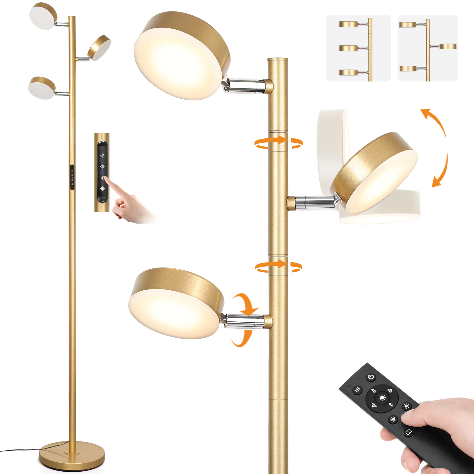 LED Tree Floor Lamp with Remote & Touch Control, 3 Heads Adjustable Dimmable Modern Floor Lamps with Timer, 4 Color Temperatures, Tall Standing Lamp for Living Room, Bedroom, Office, Black