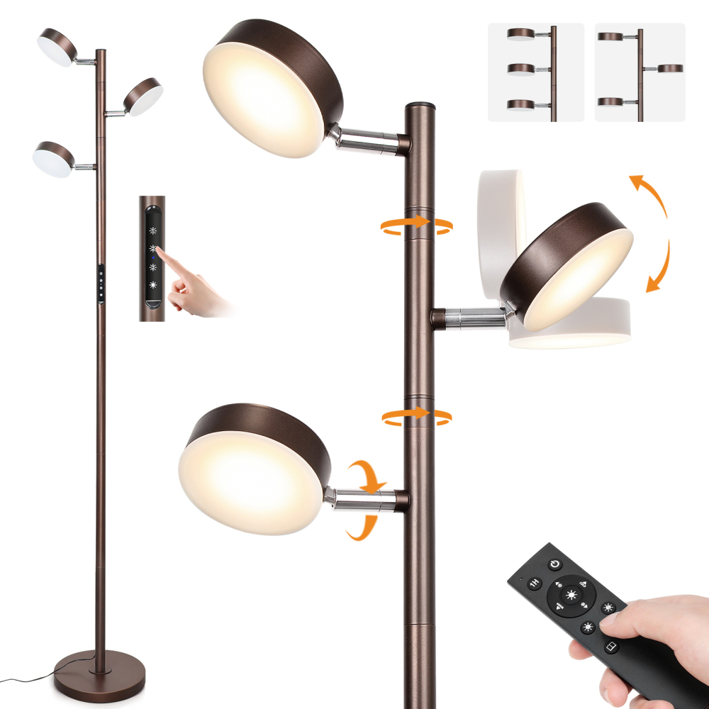 LED Tree Floor Lamp with Remote & Touch Control, 3 Heads Adjustable Dimmable Modern Floor Lamps with Timer, 4 Color Temperatures, Tall Standing Lamp for Living Room, Bedroom, Office, Black