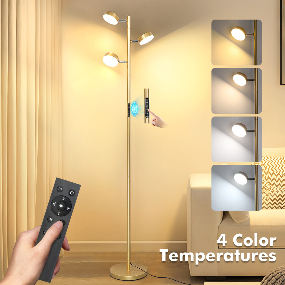 LED Tree Floor Lamp with Remote & Touch Control, 3 Heads Adjustable Dimmable Modern Floor Lamps with Timer, 4 Color Temperatures, Tall Standing Lamp for Living Room, Bedroom, Office, Black