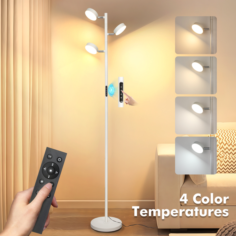 LED Tree Floor Lamp with Remote & Touch Control, 3 Heads Adjustable Dimmable Modern Floor Lamps with Timer, 4 Color Temperatures, Tall Standing Lamp for Living Room, Bedroom, Office, Black
