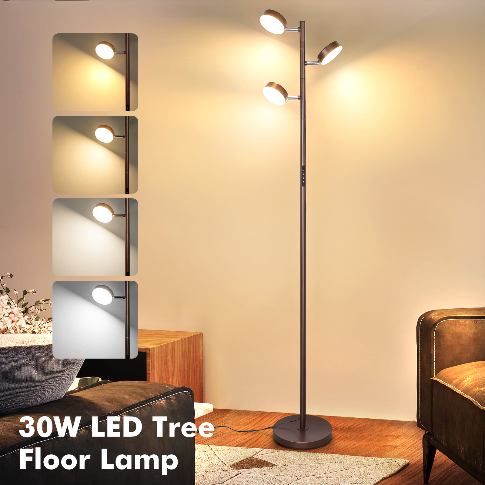 LED Tree Floor Lamp with Remote & Touch Control, 3 Heads Adjustable Dimmable Modern Floor Lamps with Timer, 4 Color Temperatures, Tall Standing Lamp for Living Room, Bedroom, Office, Black