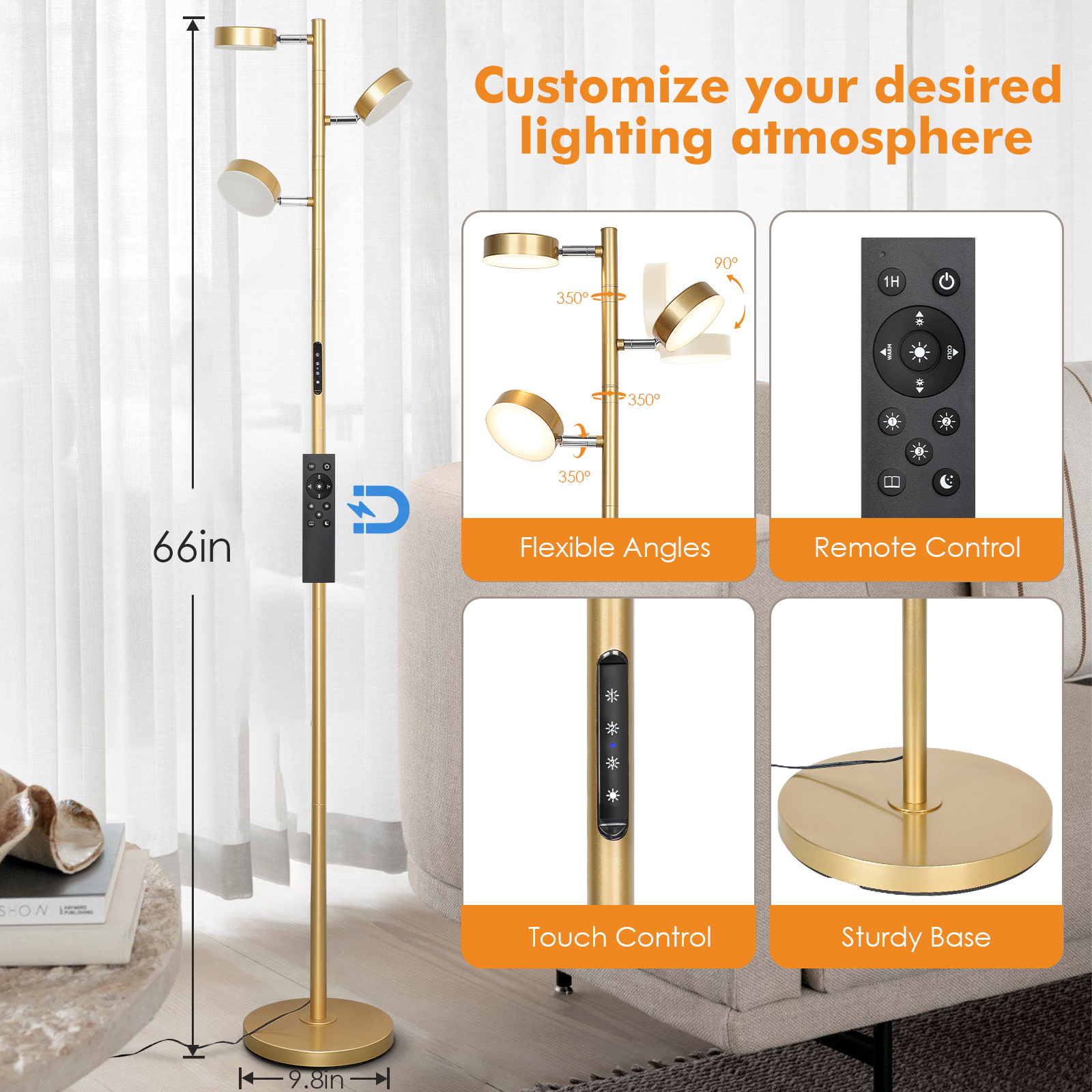 LED Tree Floor Lamp with Remote & Touch Control, 3 Heads Adjustable Dimmable Modern Floor Lamps with Timer, 4 Color Temperatures, Tall Standing Lamp for Living Room, Bedroom, Office, Black