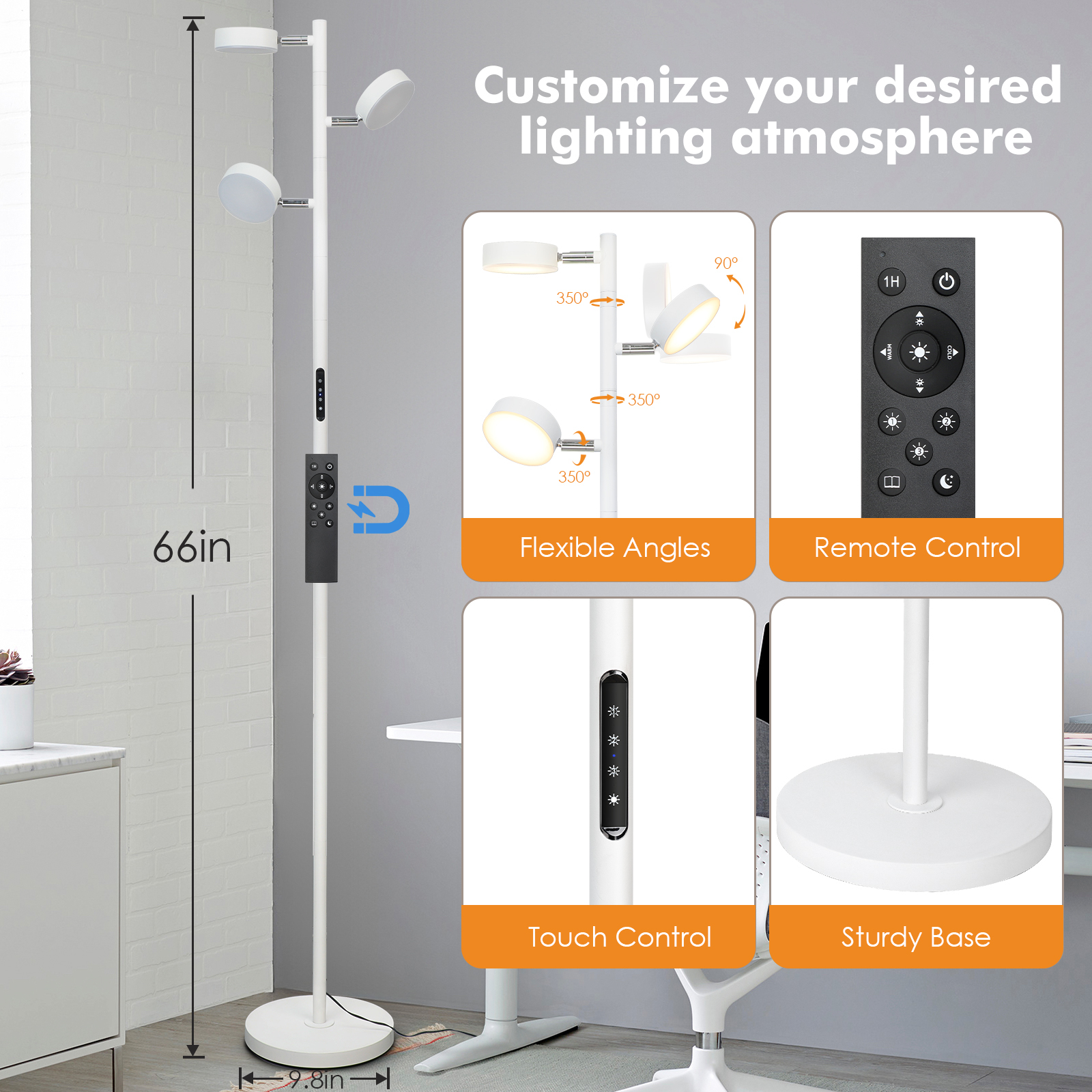 LED Tree Floor Lamp with Remote & Touch Control, 3 Heads Adjustable Dimmable Modern Floor Lamps with Timer, 4 Color Temperatures, Tall Standing Lamp for Living Room, Bedroom, Office, Black