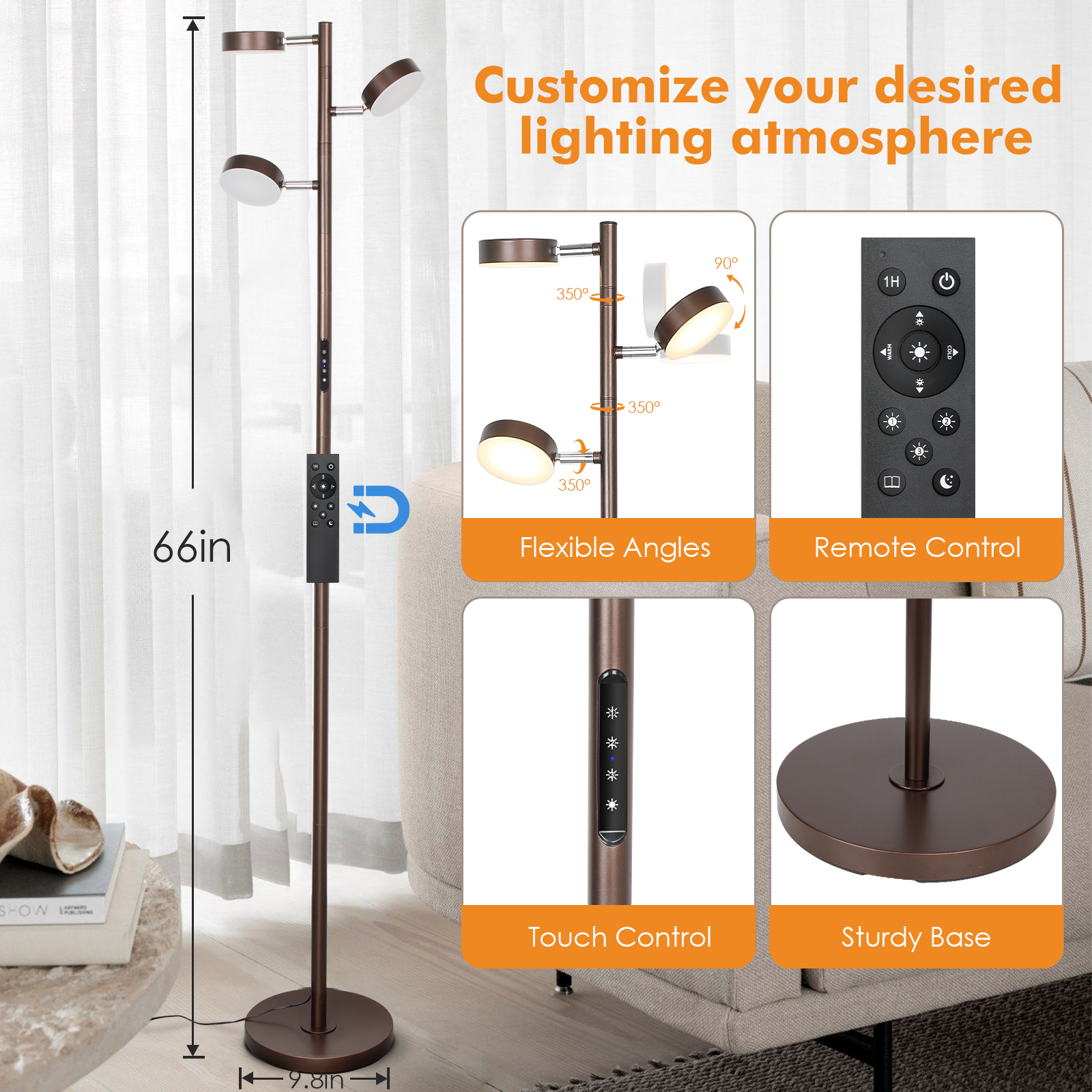 LED Tree Floor Lamp with Remote & Touch Control, 3 Heads Adjustable Dimmable Modern Floor Lamps with Timer, 4 Color Temperatures, Tall Standing Lamp for Living Room, Bedroom, Office, Black