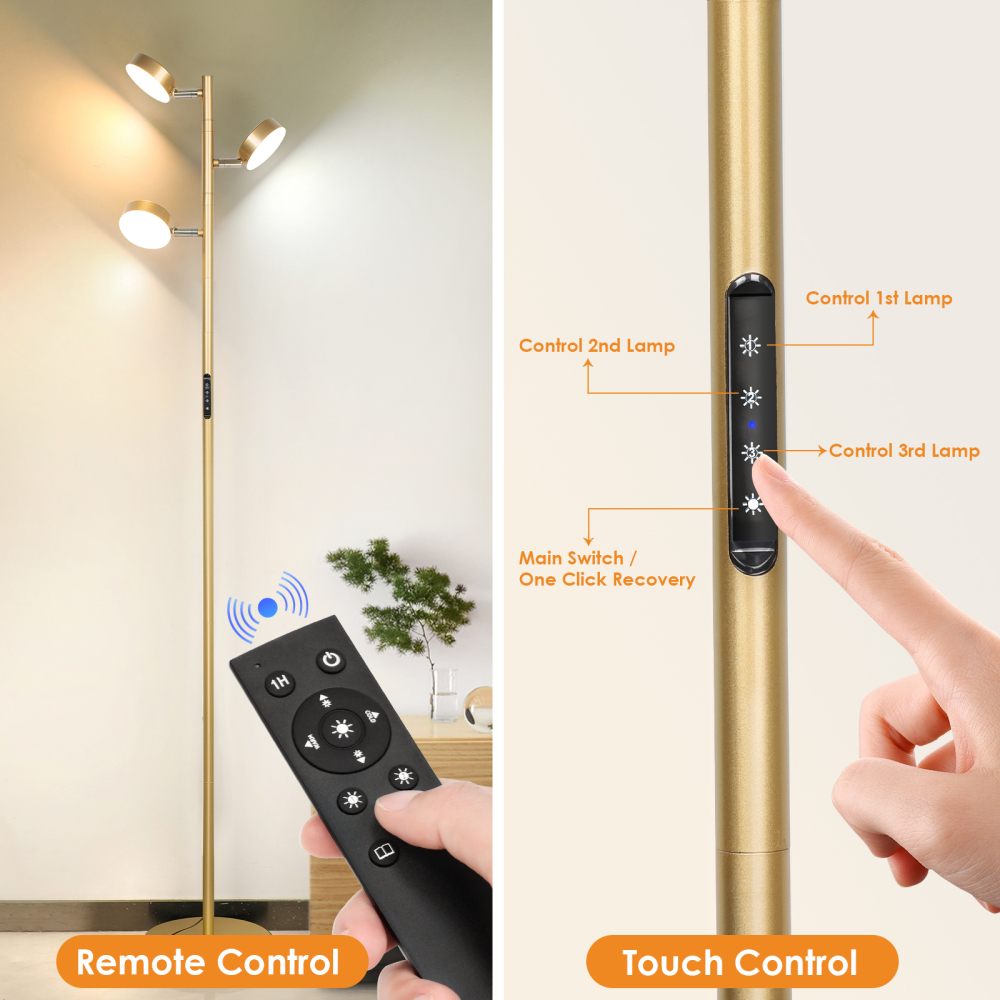 LED Tree Floor Lamp with Remote & Touch Control, 3 Heads Adjustable Dimmable Modern Floor Lamps with Timer, 4 Color Temperatures, Tall Standing Lamp for Living Room, Bedroom, Office, Black