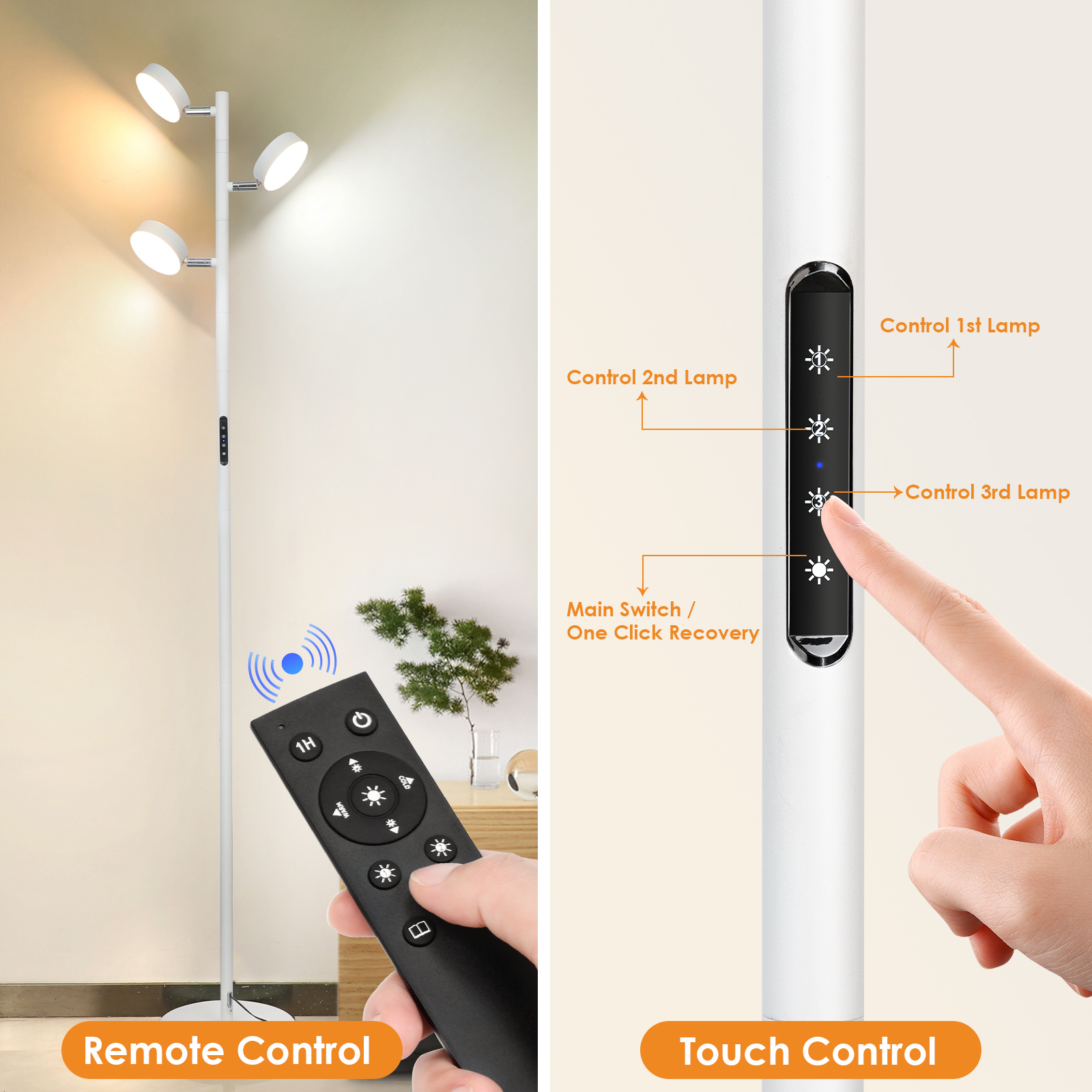 LED Tree Floor Lamp with Remote & Touch Control, 3 Heads Adjustable Dimmable Modern Floor Lamps with Timer, 4 Color Temperatures, Tall Standing Lamp for Living Room, Bedroom, Office, Black
