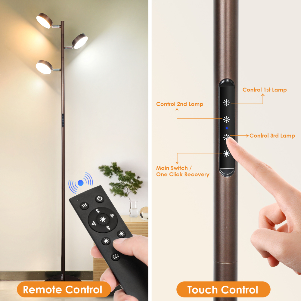 LED Tree Floor Lamp with Remote & Touch Control, 3 Heads Adjustable Dimmable Modern Floor Lamps with Timer, 4 Color Temperatures, Tall Standing Lamp for Living Room, Bedroom, Office, Black