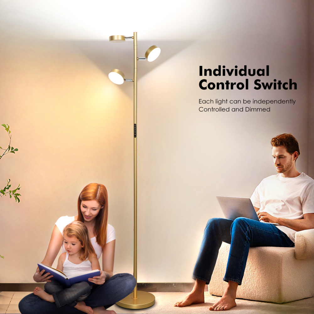 LED Tree Floor Lamp with Remote & Touch Control, 3 Heads Adjustable Dimmable Modern Floor Lamps with Timer, 4 Color Temperatures, Tall Standing Lamp for Living Room, Bedroom, Office, Black