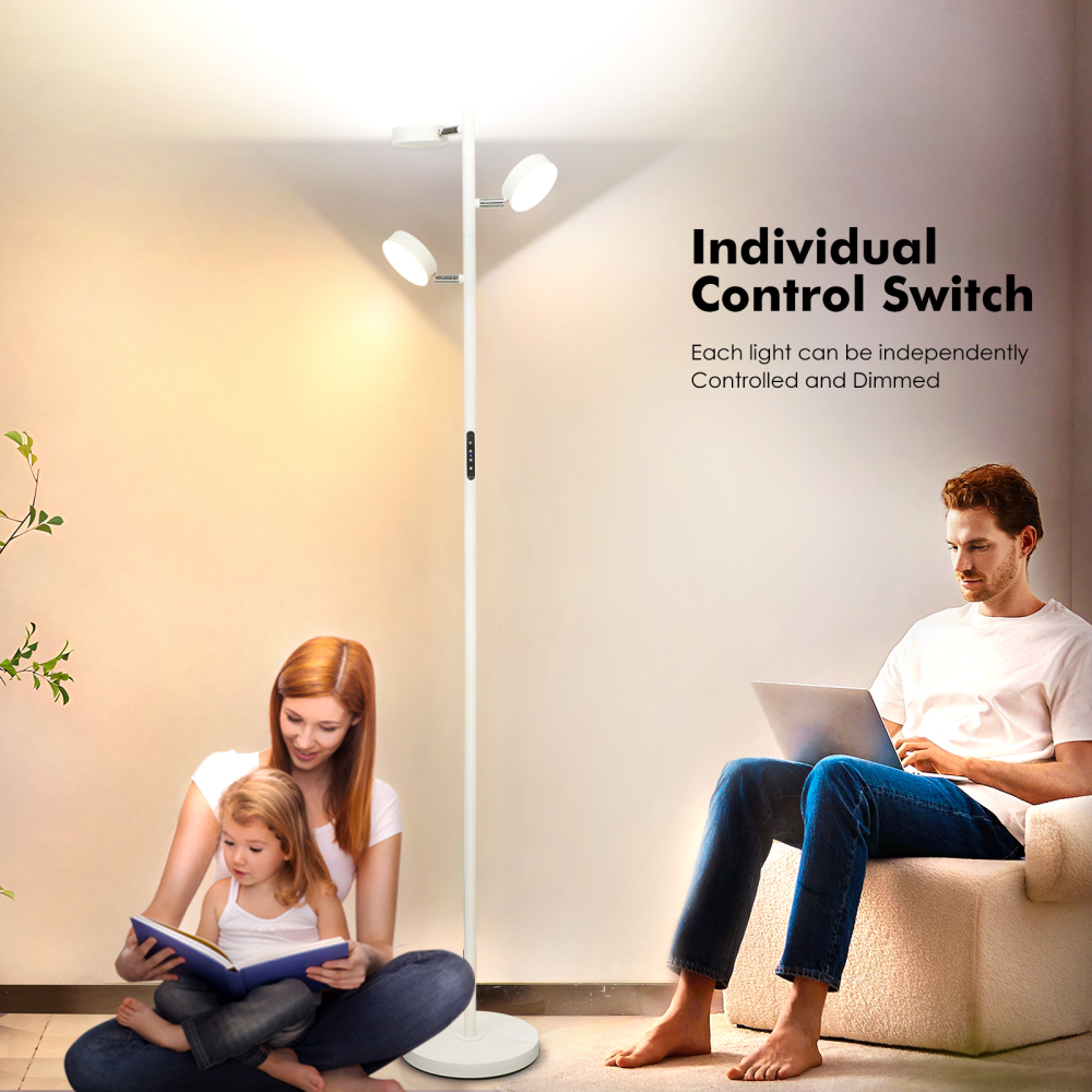 LED Tree Floor Lamp with Remote & Touch Control, 3 Heads Adjustable Dimmable Modern Floor Lamps with Timer, 4 Color Temperatures, Tall Standing Lamp for Living Room, Bedroom, Office, Black