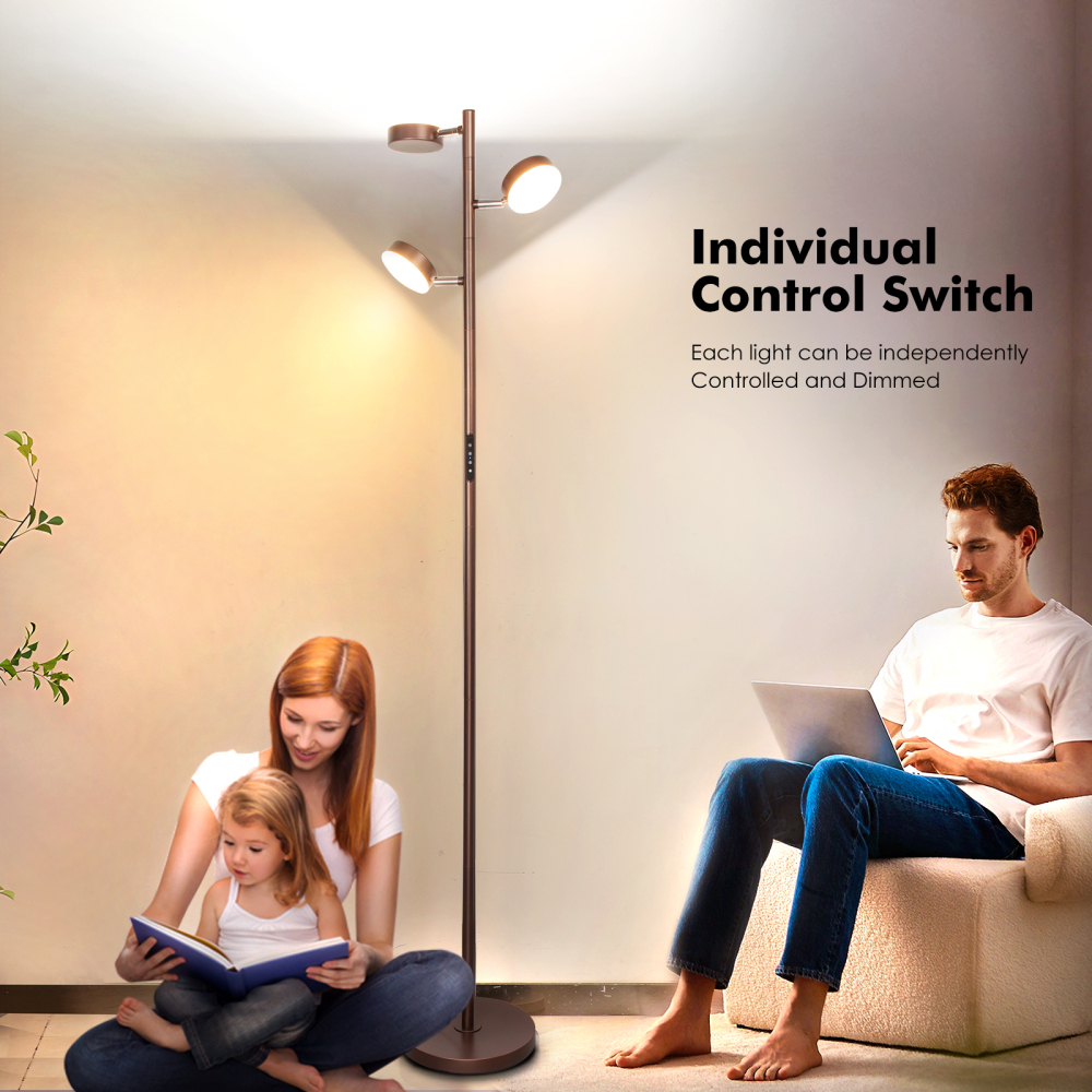 LED Tree Floor Lamp with Remote & Touch Control, 3 Heads Adjustable Dimmable Modern Floor Lamps with Timer, 4 Color Temperatures, Tall Standing Lamp for Living Room, Bedroom, Office, Black