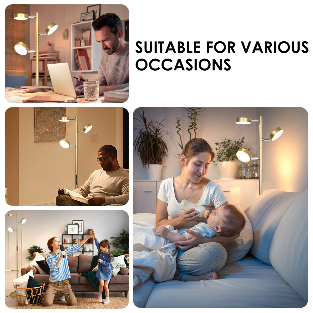 LED Tree Floor Lamp with Remote & Touch Control, 3 Heads Adjustable Dimmable Modern Floor Lamps with Timer, 4 Color Temperatures, Tall Standing Lamp for Living Room, Bedroom, Office, Black