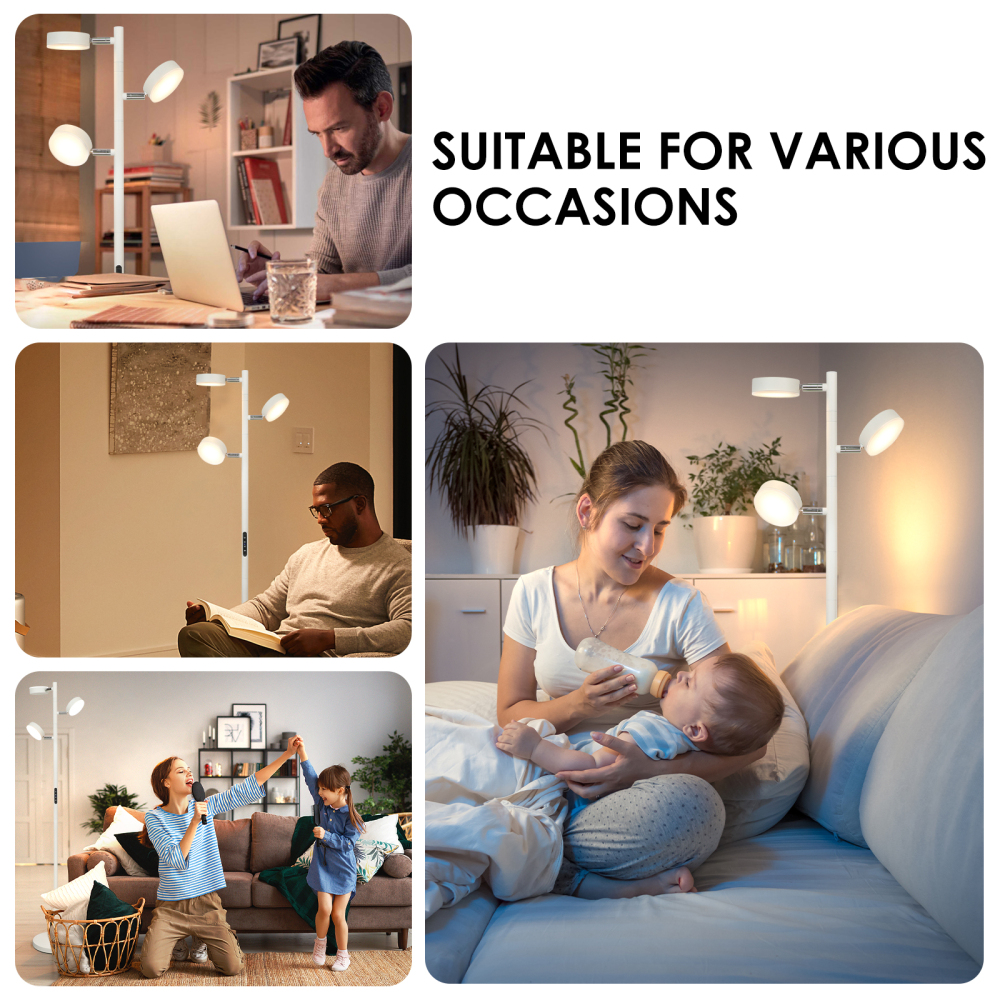 LED Tree Floor Lamp with Remote & Touch Control, 3 Heads Adjustable Dimmable Modern Floor Lamps with Timer, 4 Color Temperatures, Tall Standing Lamp for Living Room, Bedroom, Office, Black