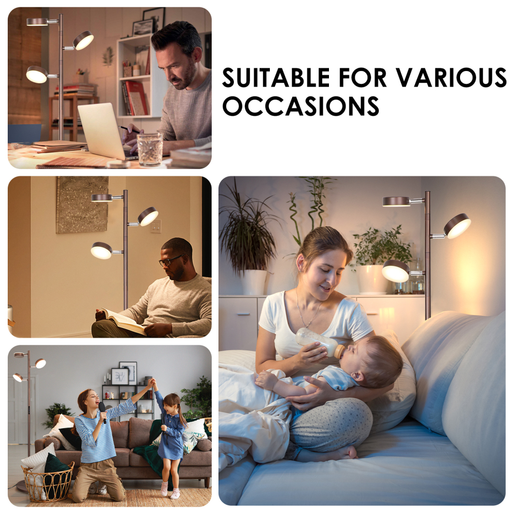 LED Tree Floor Lamp with Remote & Touch Control, 3 Heads Adjustable Dimmable Modern Floor Lamps with Timer, 4 Color Temperatures, Tall Standing Lamp for Living Room, Bedroom, Office, Black