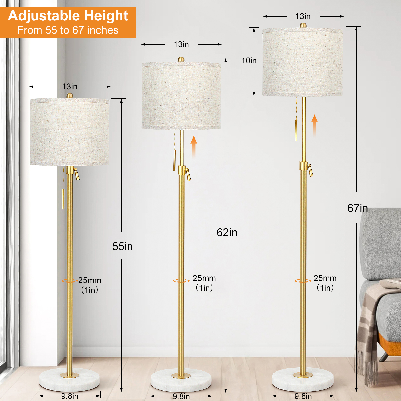 Liftable floor lamp, 55-65 inches