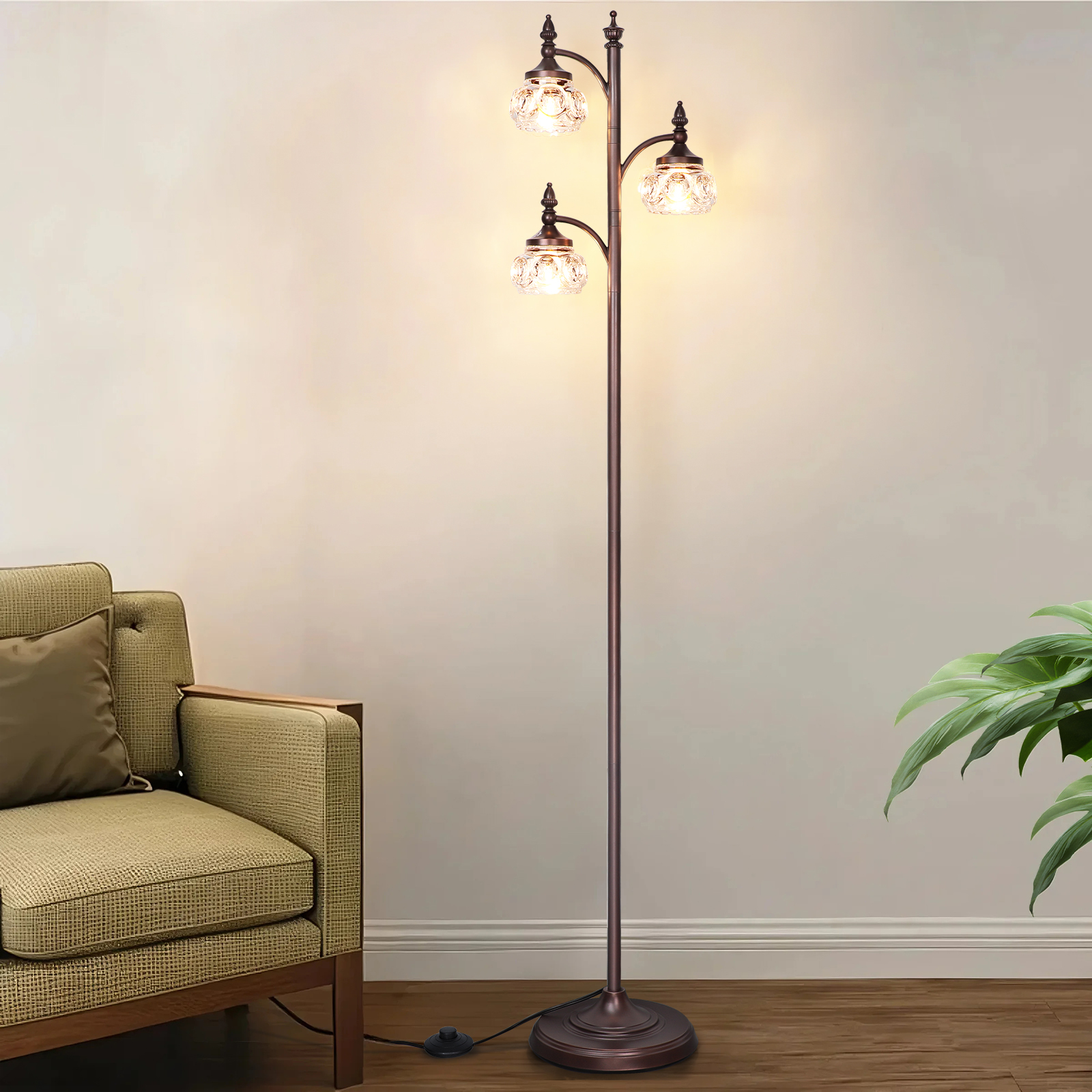 Metal & glass shade floor lamp 3 heads